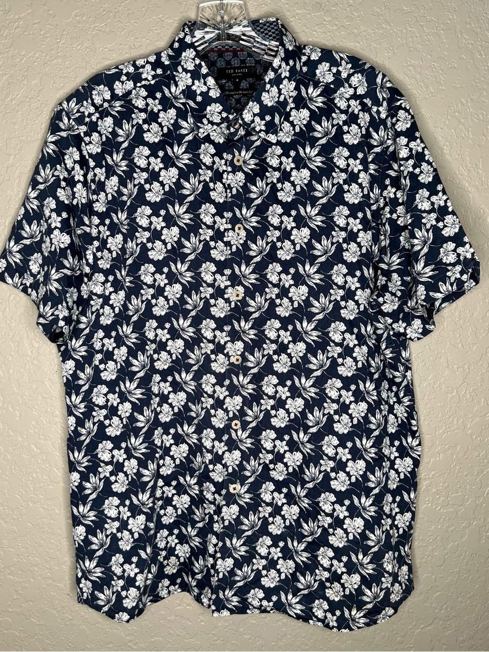 Ted Baker Navy Floral Short-Sleeve Button-Up Cotton Shirt Sz 6 US XXL Summer